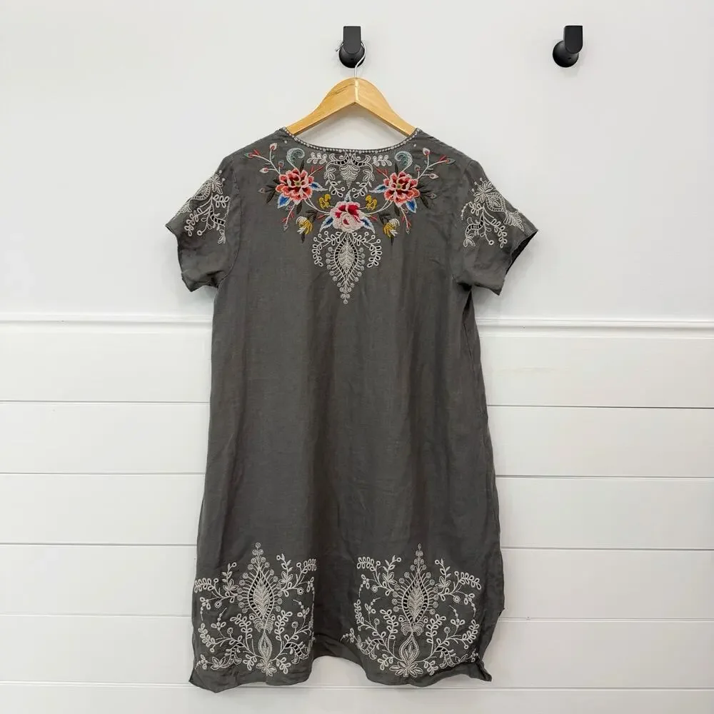 Women’s Johnny Was Assa Linen Draped Tunic Gray Embroidered Floral Small S - Picture 6 of 9